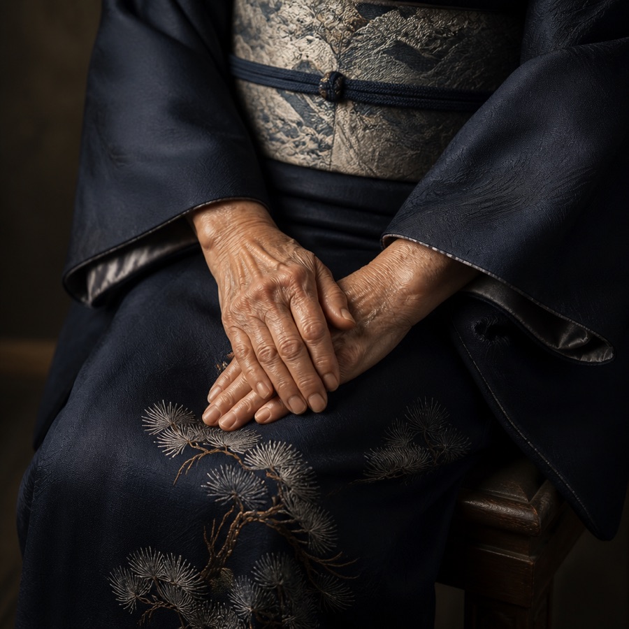 和服の膝の上で重ねられた手